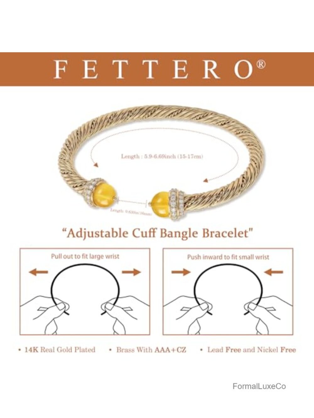 14K Gold Plated Cuff Bangle Bracelet - Adjustable Open Twisted Cable Charm - Picture 4 of 5